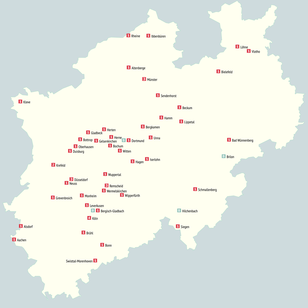 Karte mit Jugendkunstschulen in NRW
